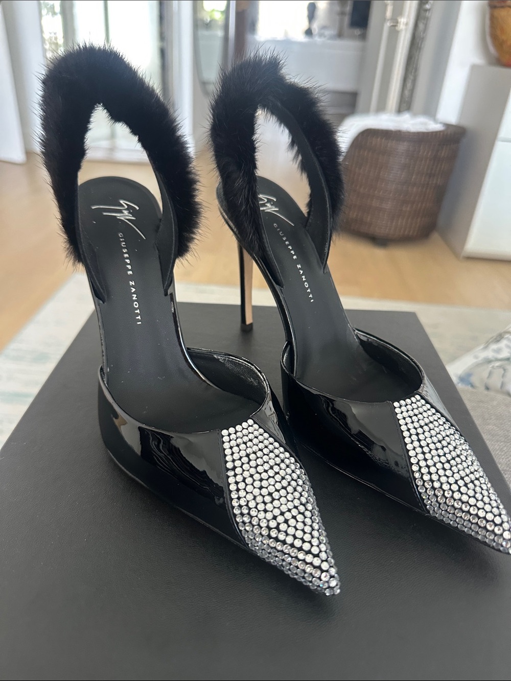 Giuseppe Zanotti Black Patent Crystal Pointed-Toe Slingback Heels